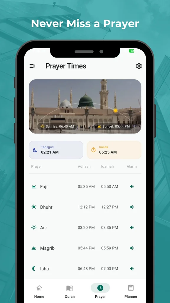 Deen Planner prayer times screen with adhaan, iqamah, and alarm settings