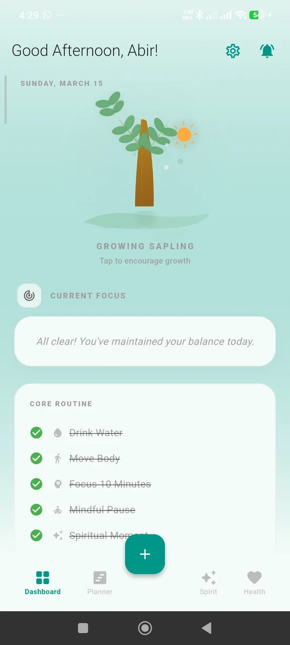 Smart Planner dashboard with daily core routine and growth tree