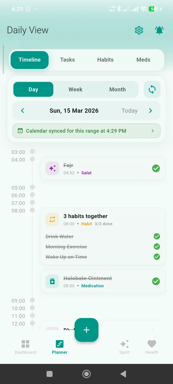Daily timeline combining tasks, habits, medication, and prayer times