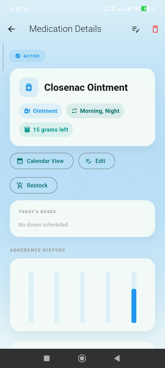Medication details with schedule, stock, and adherence history