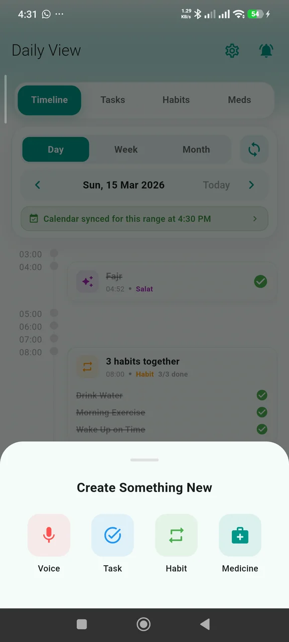Create tasks, habits, or medicine reminders — including by voice