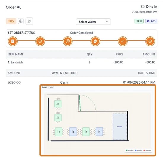 Dine-in order details with order status and table floor plan